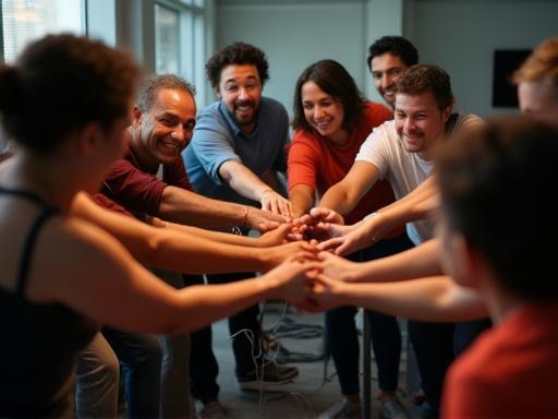 Diverse group of people collaborating or reaching out to connect