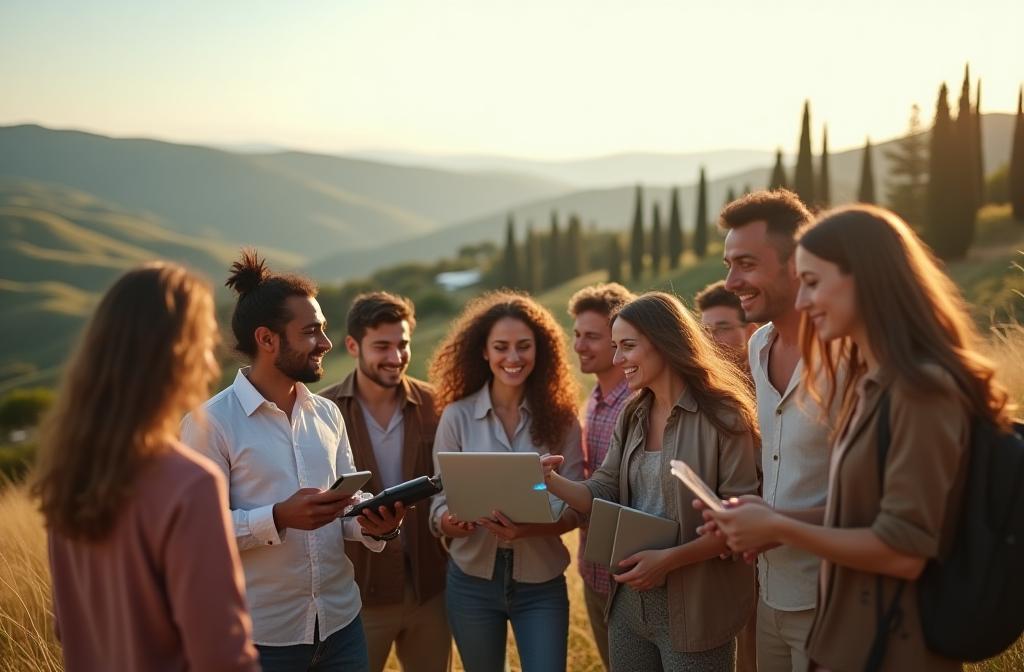Diverse group of people using digital devices outdoors with a backdrop of Italian landscape and network towers