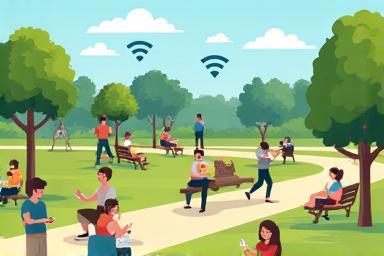 Illustration of people connecting to Wi-Fi in a public park