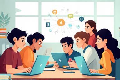 Illustration of students using computers with network symbols