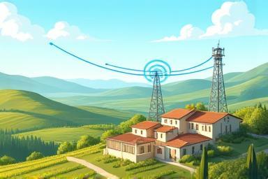 Illustration of network towers in a rural landscape